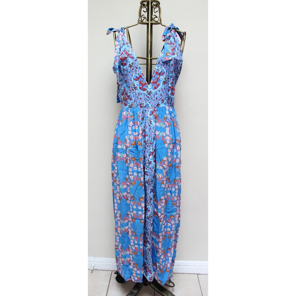 Sandro Blue Floral Tie Plunging Slit Short Long Summer Dress Size 40/Large - Picture 2 of 7